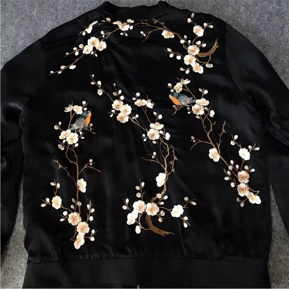 Zara Satin Embroidered Bomber Jacket Black Cherry Blossoms & Birds Small Black - Picture 5 of 14